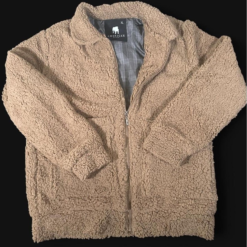American Stitch Tan Brown Sherpa Jacket Full Zip Plaid Lined XL